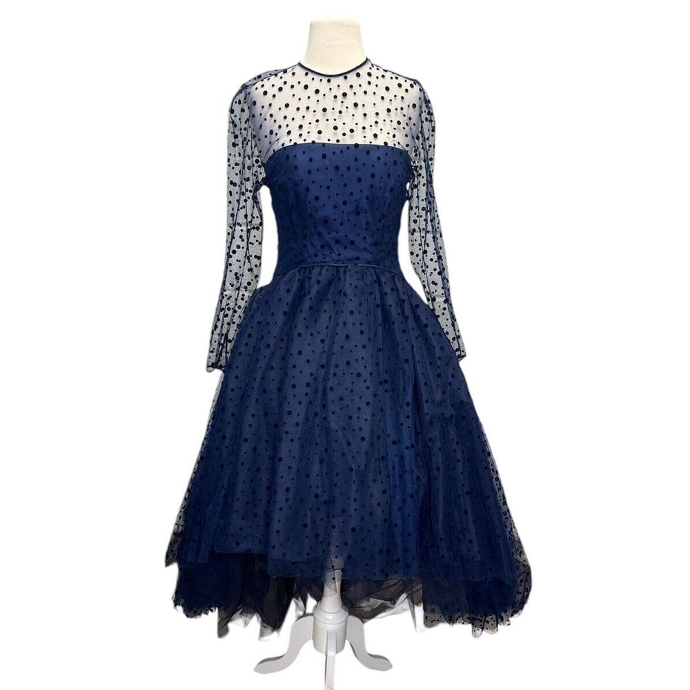Arnold Scaasi Navy Blue Tiered Tulle Dress Sheer Velvet Polka Dot Overlay Medium